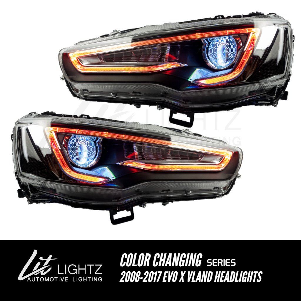 2008-2017 Mitsubishi Lancer/Evo X Vland Headlights Audi Style (Color Changing) Pre-Built Headlights Lit Lightz 